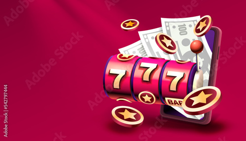 Casino slots machine winner, online games phone, 777 win banner. Vector