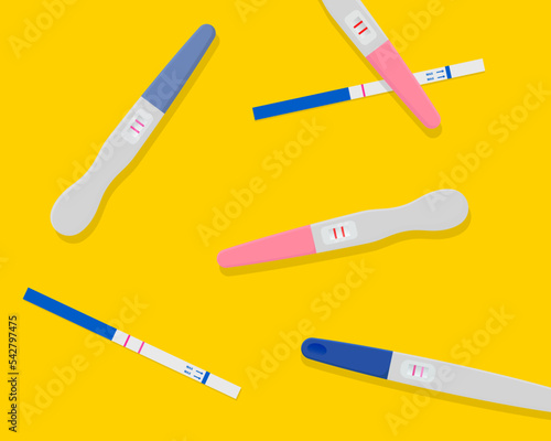 Pregnancy test. Many pregnancy tests and test strips on a yellow background. Two strips, positive result. Vector illustration.