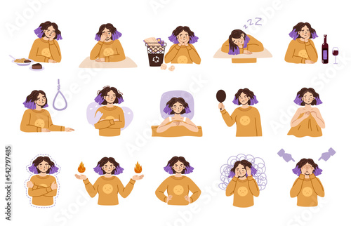 Woman suffering from psychological problems, mental disorders. Depressed female character set. Insomnia, depression, anxiety, social phobia, alcoholism. Hand drawn vector illustration.