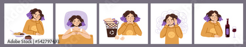 Eating disorder, insomnia, depression, anxiety, alcoholism. Young woman, teenage girl, female character suffering from psychological problems. Hand drawn vector illustration set.