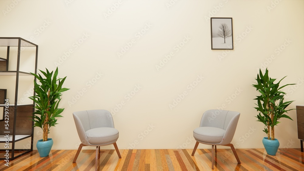 Interior wall mockup with sofa in living room with empty cream wall background.3d rendering