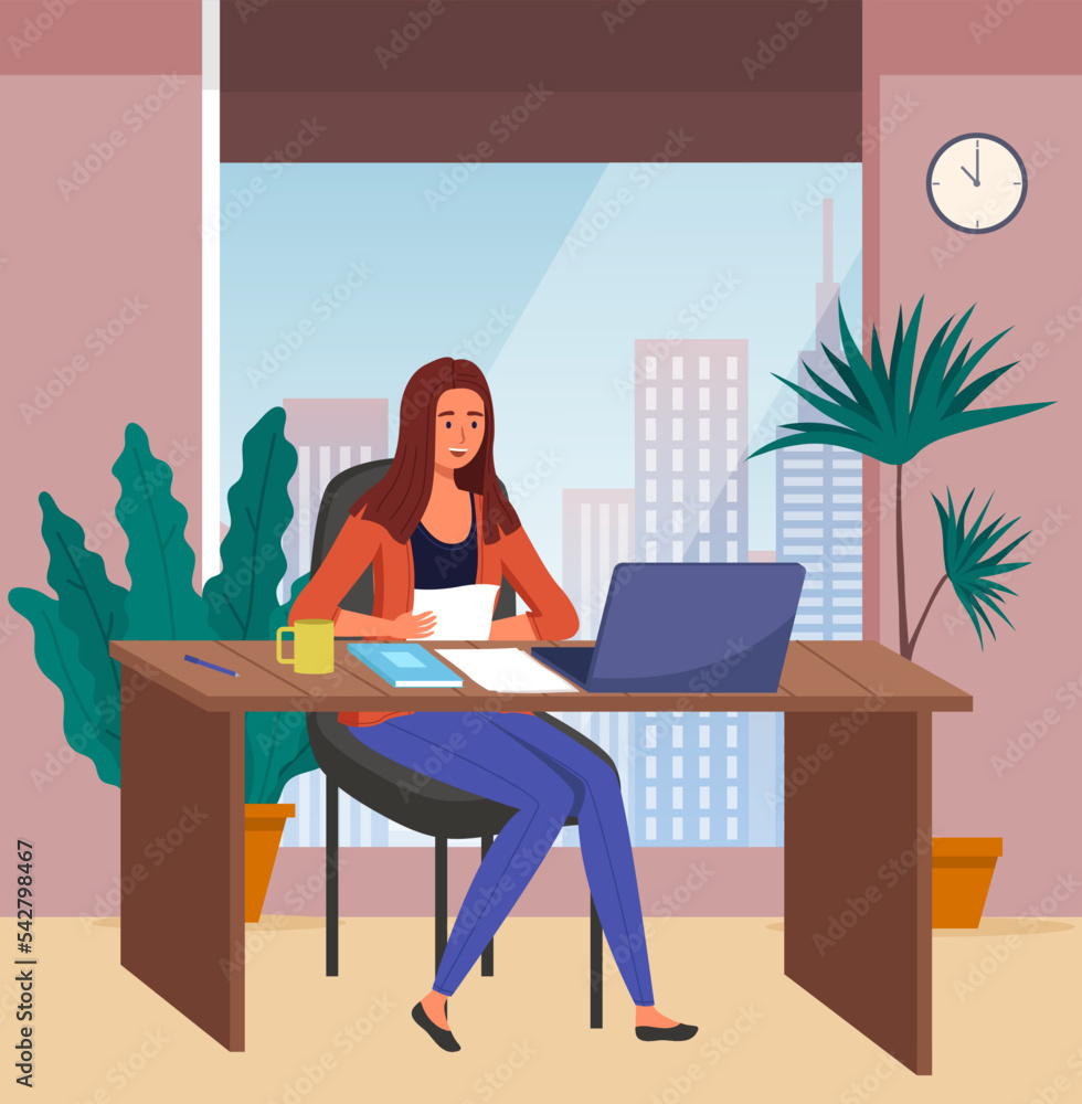 Woman working in office with computer. Character sitting at desk in room, looking at screen and talking with colleagues online. Employee doing work in office. Girl student at table with laptop Woman working in office with computer. Character sitting at desk in room, looking at screen and talking with colleagues online. Employee doing work in office. Girl student at table with laptop