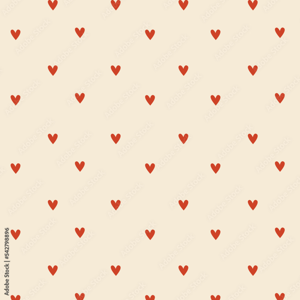 Seamless pattern with red hearts on light background. Flat style