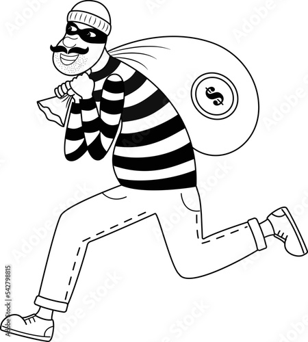 Cartoon man-thief running away with a bag of money, vector illustration. Black outline and white color.