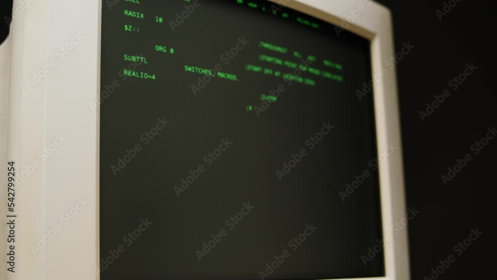 Retro pc with loading code console, programmer making scripts, green ...