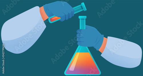 Scientist conducting experiments and liquid research in lab. Chemical laboratory substance development. Man conducting experiment with test tubes. Flask with biomaterial components in human hands