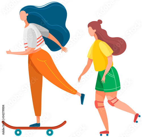 Young people active lifestyle extreme sport set. Girls roller skating and riding skateboard. Hipster sports walk, hobby. Skateboarding and rollerblading. Teenagers have fun walking isolated friends