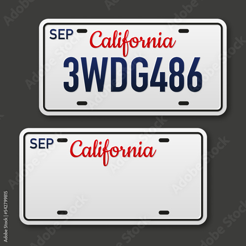 Retro car plate for banner design. California state. Isolated vector illustration. Business, icon set