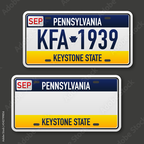 Retro car plate for banner design. Pennsylvania state. Isolated vector illustration. Business, icon set