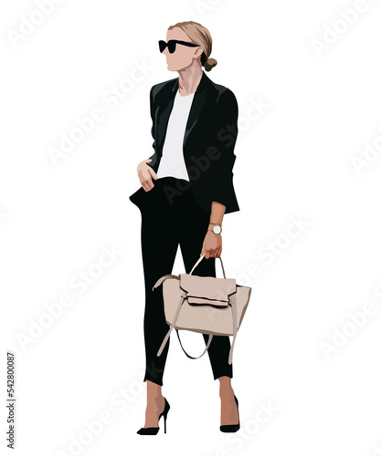 Vector fashion flat illustration of a beautiful, young, woman Fashion model posing, isolated on white background.