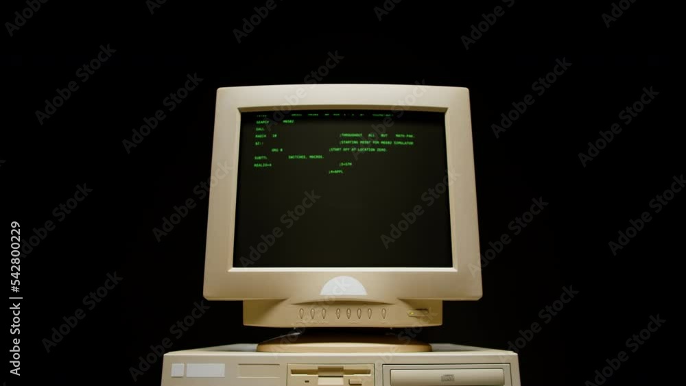 Retro pc with loading code console, programmer making scripts, green ...