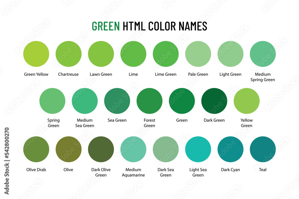 Green HTML color names supported by modern browsers Stock Vector ...