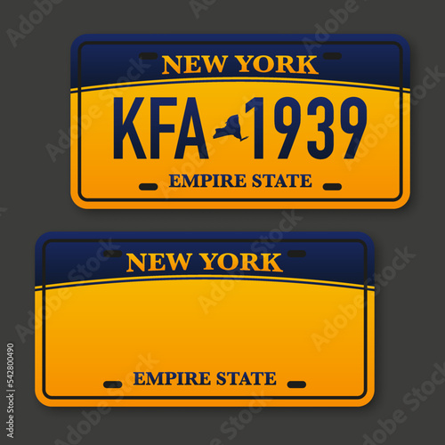 Retro car plate for banner design. New York state. Isolated vector illustration. Business, icon set
