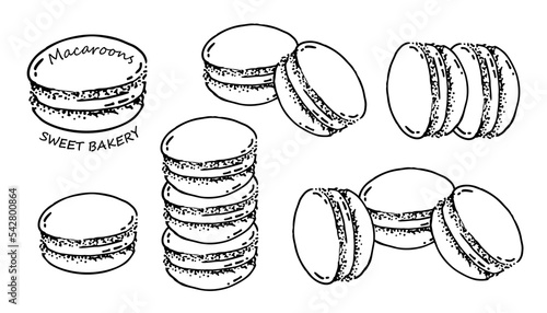 Macaroons sketch hand draw collection. Macaron sweet. Culinary and cooking concept. Confectionery. Bakery, shop, menu sign or logo. Vector illustration.