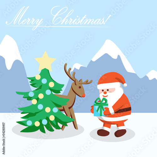 Santa Claus puts a gift under the Christmas tree behind which a deer is hiding. Winter landscape with snowy mountains.