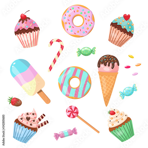 Handmade sweets, donuts and cupcakes, ice cream set. Dessert in a cafe.