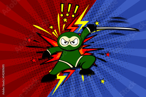 Cartoon ninja fighter versus. Vector illustration on comic background