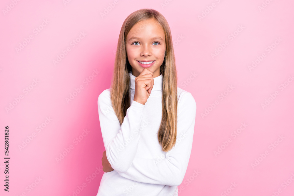 Photo of minded cute girl dressed trendy white jumper arm touch face hmm choice choose decision isolated on pink color background Photo of minded cute girl dressed trendy white jumper arm touch face hmm choice choose decision isolated on pink color background