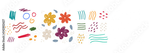 Set Colorful Hand Drawn Pencil Scribbled Doodles. Isolated on transparent background.