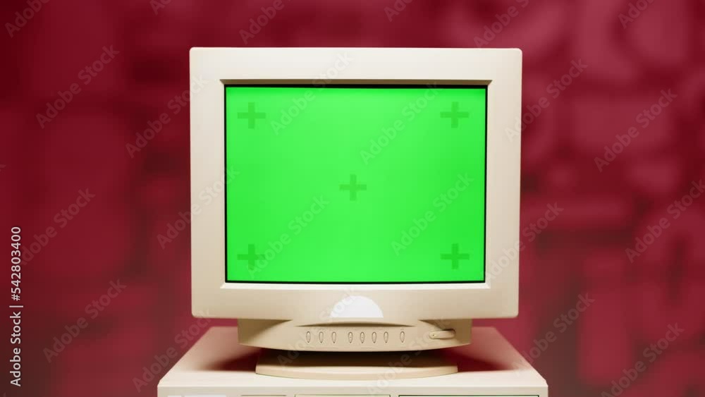Retro pc with chroma key green screen, Old computer studio closeup
