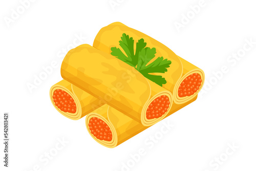 Isometric thin pancakes or blini with red caviar. Shrovetide. Pancakes with cavia