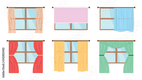 Set of colorful curtains in cartoon style. Vector illustration of various curtains for windows for home interiors on white background.