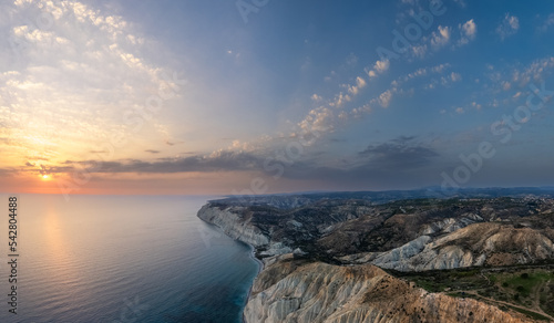 Sunset near cape Aspro cliffs aerial panorama from drone, Limassol, Cyprus photo