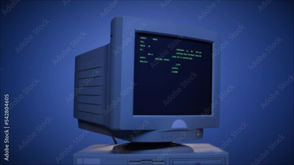 Retro pc with loading code console, programmer making scripts, green ...