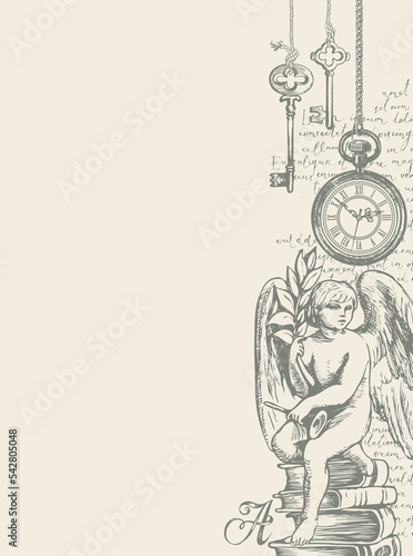 Vector banner on a writers theme with sketches and place for text. Writer workspace. Vintage illustration with hand-drawn angel, books, and unreadable handwritten notes