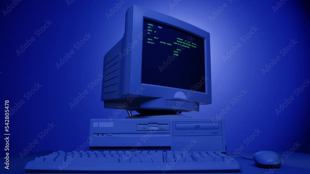 Retro pc with loading code console, programmer making scripts, green ...