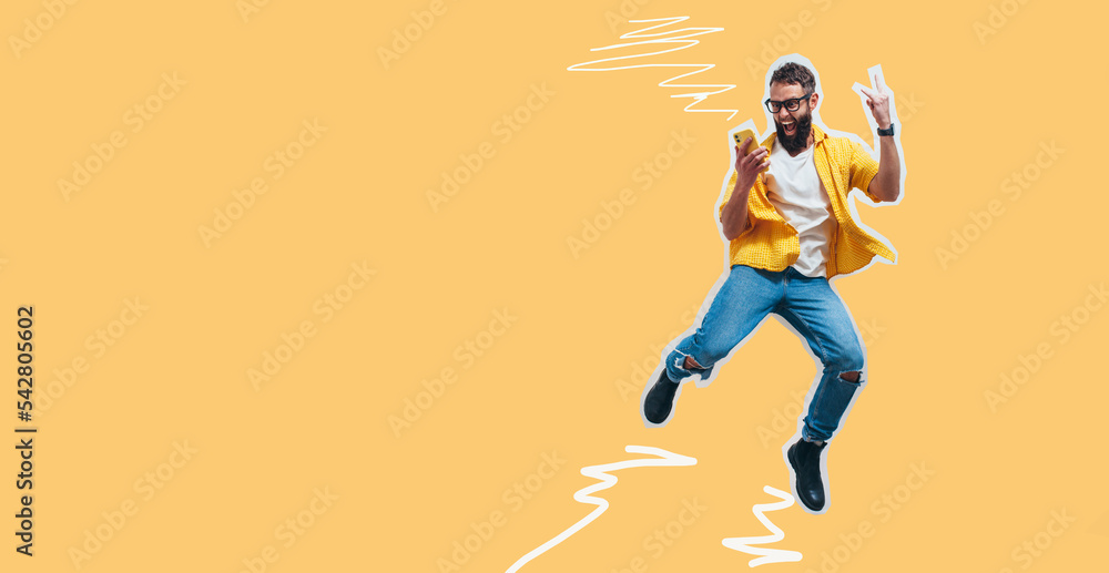 Jumping, running man with a smartphone in hand, feels joy, celebrates winning the lottery or sports bets. Human face emotions and betting concept. Collage in magazine style. Discount, seasonal sales