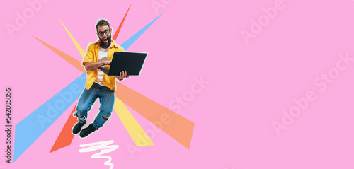 Jumping, running crazy programmer, web developer or designer holding laptop in his hands. Discount, sale, season sales. Shocked or surprised facial expression. Funny promotion poster.