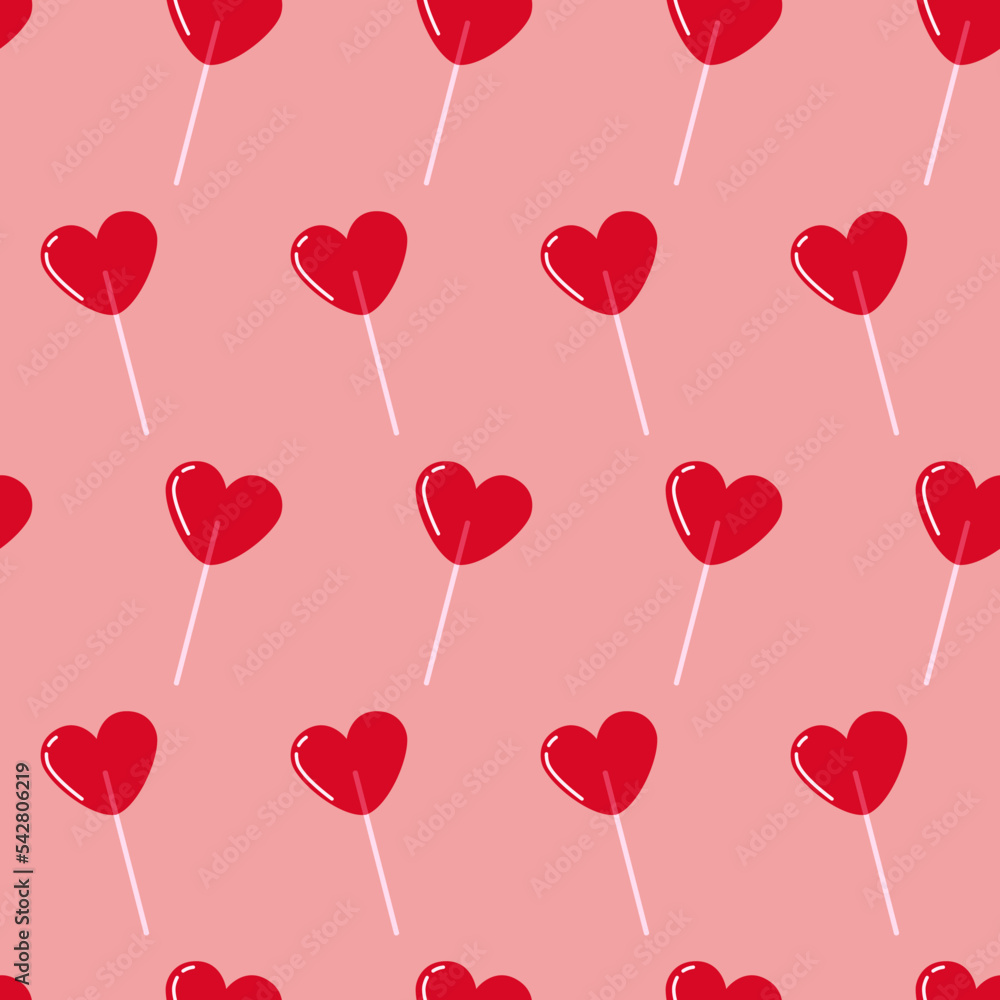 Seamless pattern with bright red heart-shaped lollipops