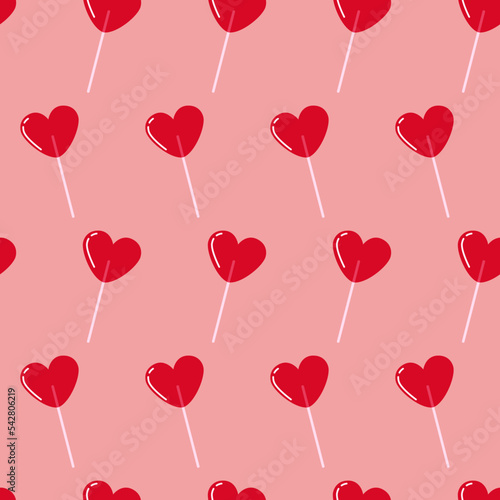 Seamless pattern with bright red heart-shaped lollipops