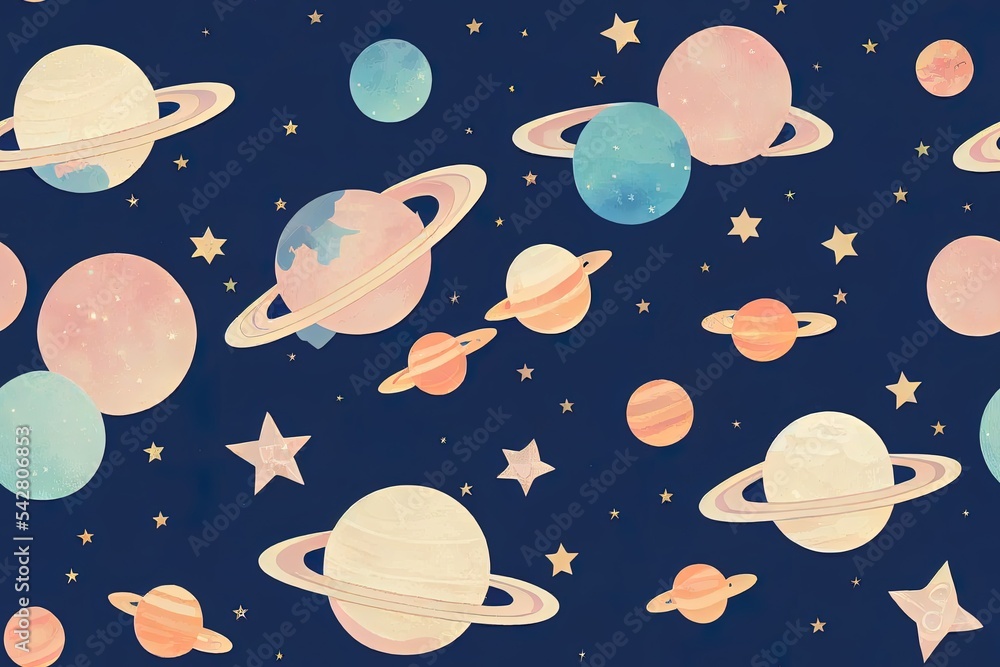 Cute celestial childish night sky space stars planets crescent 2d ...