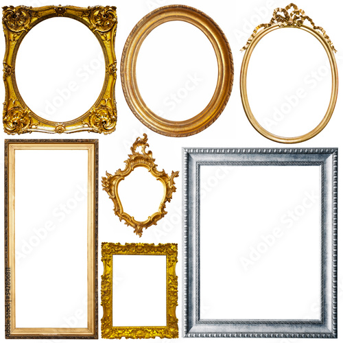 Collection of various gold vintage frames isolated on white
