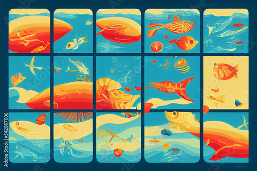 Seaside grid of seaside very colorfull illustrations of fishes ans water