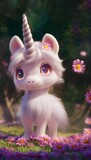 Focus shot of a baby unicorn standing on a bed of pink flowers