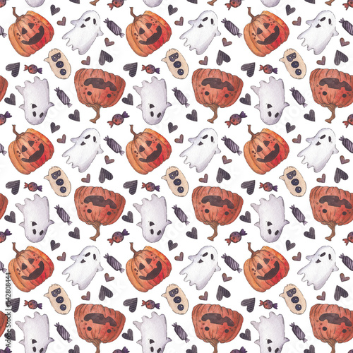 Halloween seamless pattern with Pumpkins, Sweets and Ghosts on white background. Watercolor illustration. 