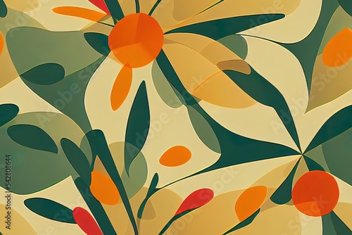 Minimal abstract geometry flowers and leaves seamless pattern. Orange and green laconic elegant floral pattern for background fabric textile wrap surface web and print design. 2d illustrated
