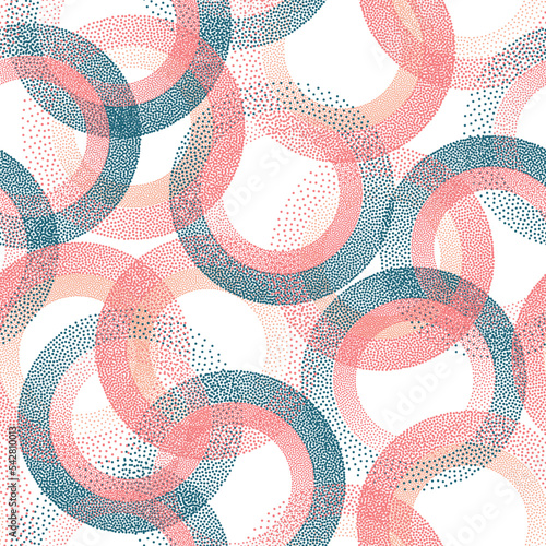 Circle ring shapes of dots contemporary vector seamless pattern.