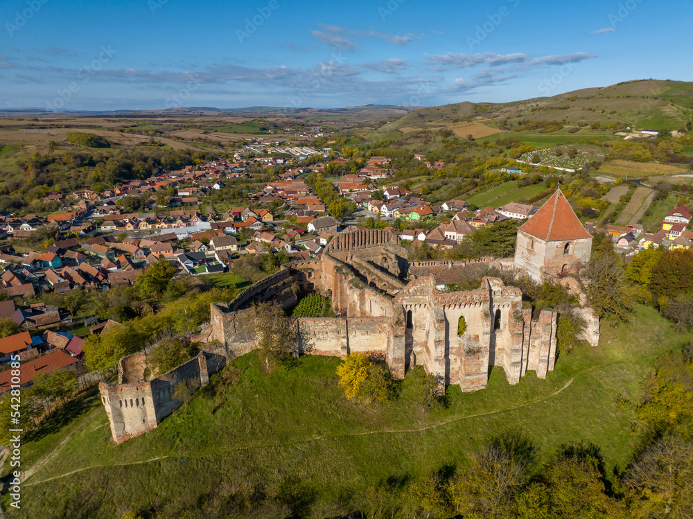 Romania - Szelindek (Slimnic) castle at amazing drone view