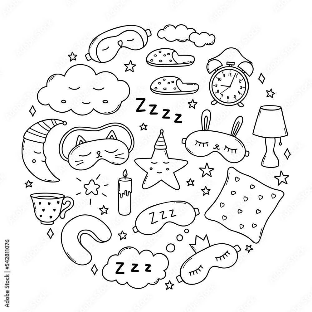 Sleep doodle set. good night symbols in sketch style. Hand drawn vector ...