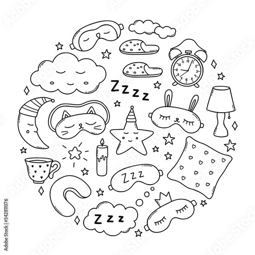 Sleep doodle set. good night symbols in sketch style. Hand drawn vector illustration isolated on white background