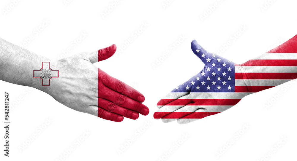 Handshake between Malta and USA flags painted on hands, isolated transparent image. - obrazy, fototapety, plakaty 