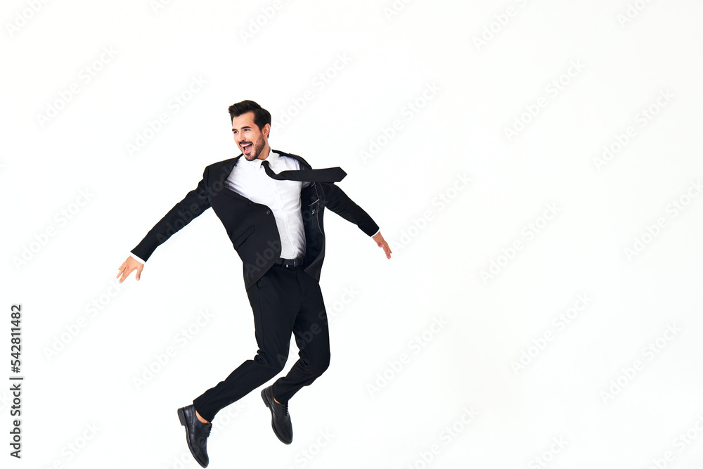 Man business smile with teeth in costume running and jumping up full-length on white isolated background copy space Man business smile with teeth in costume running and jumping up full-length on white isolated background copy space