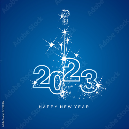 Happy New Year 2023 greetings sparkle firework white line design numbers blue color background