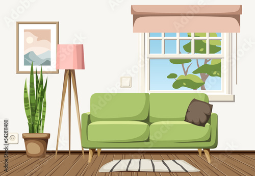 Cozy living room interior with a green sofa, a floor lamp, and a sansevieria plant (snake plant). Cartoon vector illustration