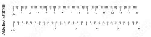 Horizontal scale with 6 inch and 15 centimeter markup and numbers. Measuring chart of metric and imperial units. Distance, height or length measurement tool templates. Vector graphic illustration photo