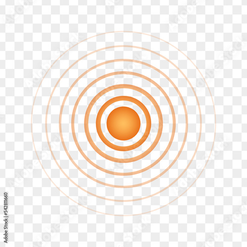 Orange concentric point. Round localization icon. Symbol of aim, target, pain, healing, hurt, painkilling. Radar, sound or sonar wave sign on transparent background. Vector illustration